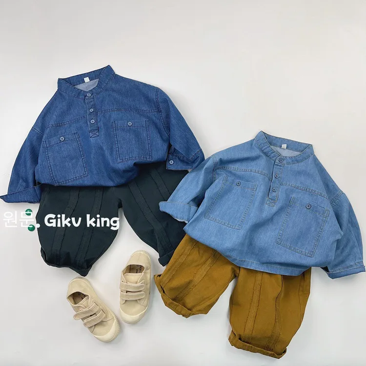 Spring New Boys Girls Denim Shirts Kids Long Sleeve Loose Tops Infant Toddler Casual Large Pocket Shirts Children Clothes