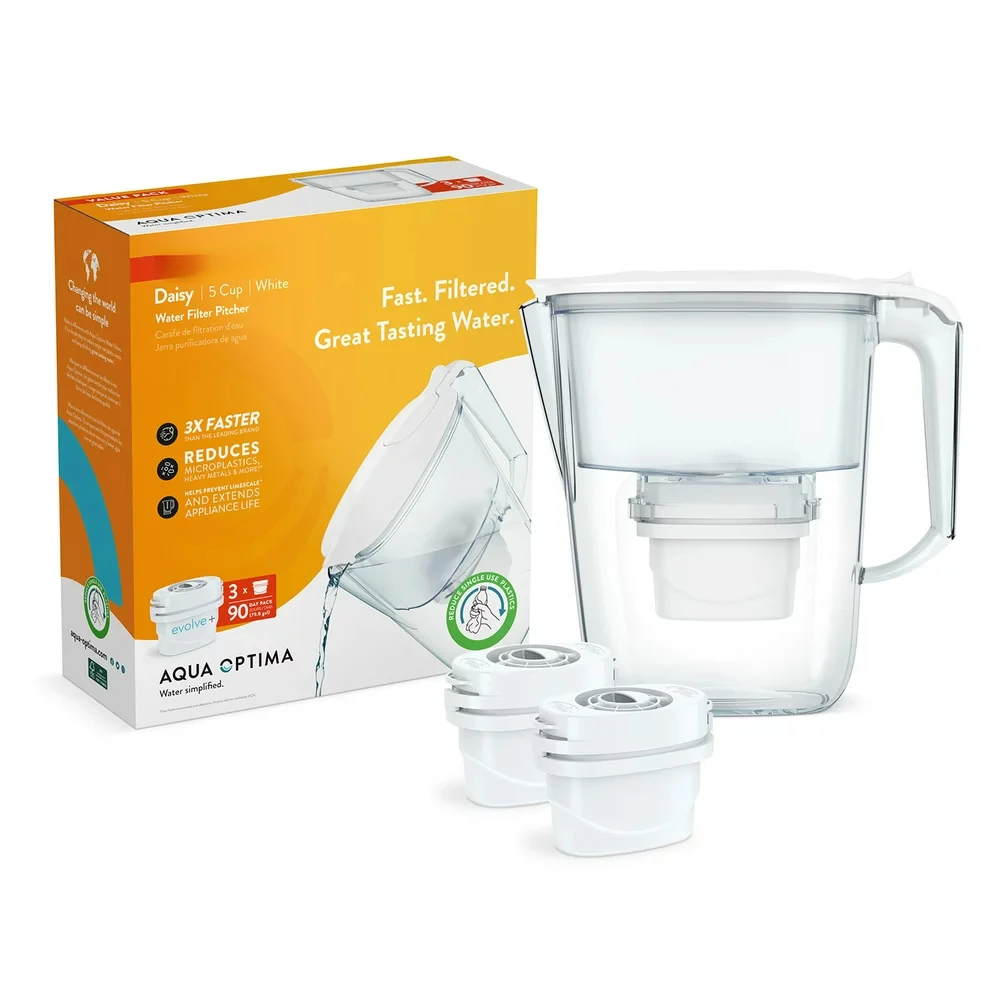 

Filter Pitcher Value Pack for Tap and Drinking Water with 3 Evolve+ Filter, BPA Free, WQA Certified, Daisy Design (White)