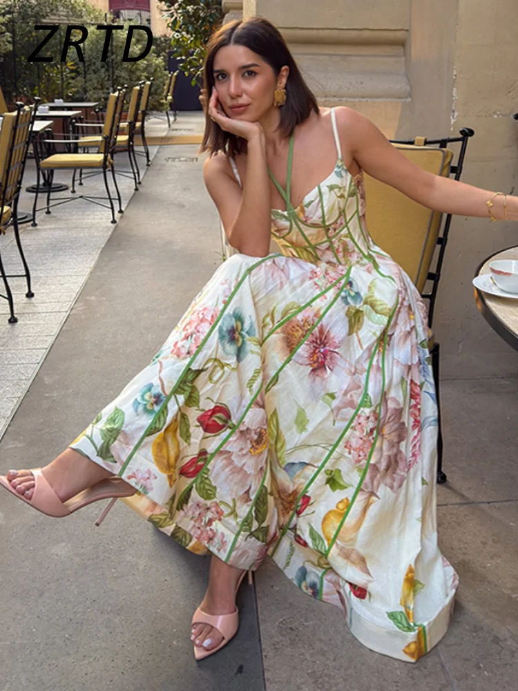 Fashion Halter Printed Sling Long Dress Women Pleat Backless Sleeveless A-line Holiday Dresses 2026 Summer Lady Contrast Robes 5