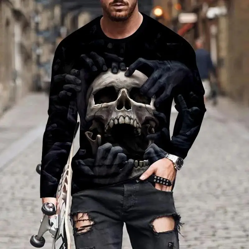 

Fashion 3D Skull Print Long Sleeve T-shirts Hip Hop Trend Harajuku Men's T Shirt Casual O-neck Loose Tops Vintage Clothes
