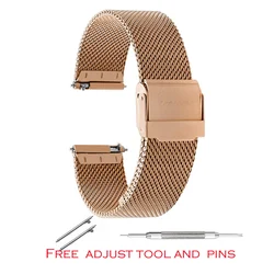 Milanese Mesh Steel Watch Band with Adjustable Strap and Tools for Men & Women, Various Sizes Available (Rose Gold)