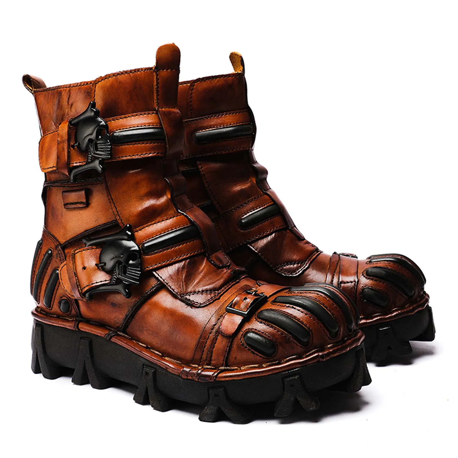 Men's Genuine Leather Motorcycle Boots British Style Mid-calf Combat Boots Riding Desert Skull Western Cowboy Boots50