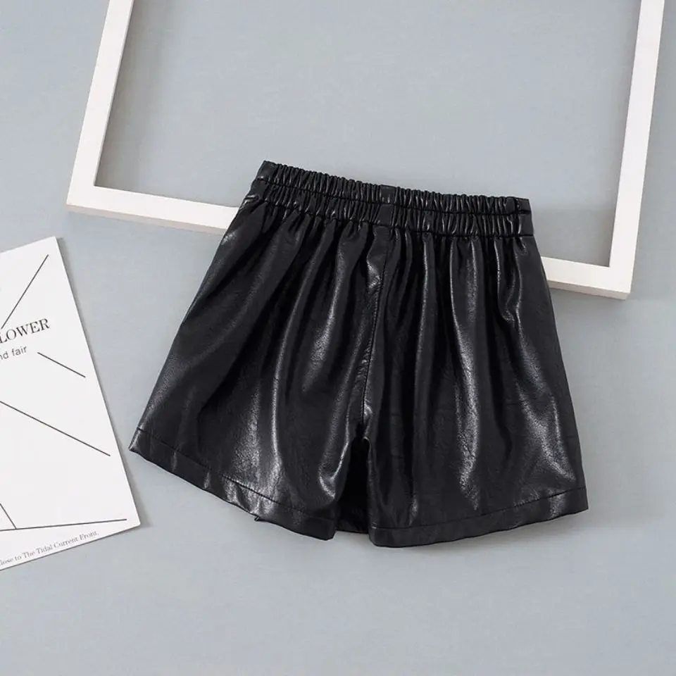 new Spring Autumn Girls Kids Pocket buttons PU Faux Leather Shorts Baby Children Trousers Children Clothes 2-12T