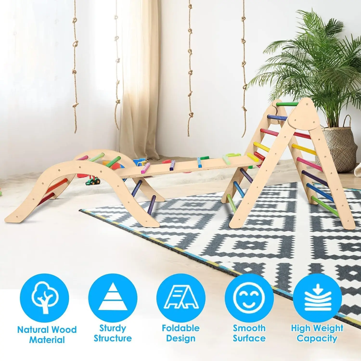 5 in 1 Wooden Montessori Climbing Set with Arch/Ladder/Ramp Foldable Climbing Toys Fun Indoor Playground Jungle Play Gym Rainbow 4