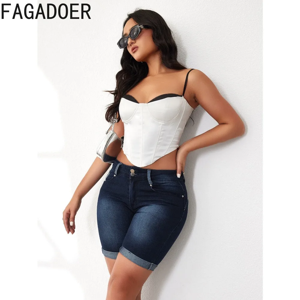 FAGADOER Dark Blue Summer High Quality Elastic Denim Shorts Women High Waisted Button Pocket Skinny Shorts Casual Cowboy Bottoms