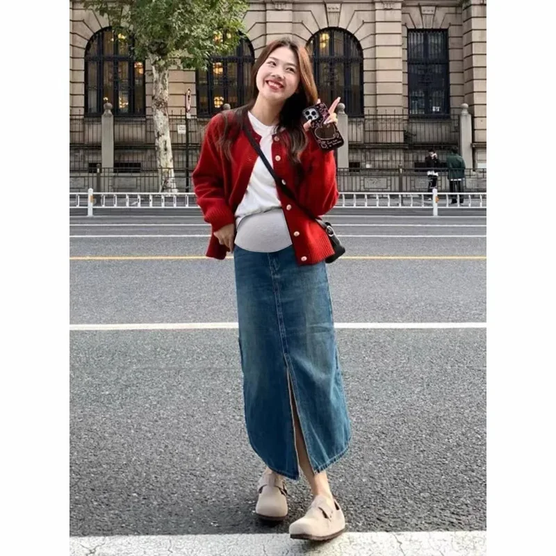 Front Splits Stretch Denim Skirt Maternity Summer High Waist Belly Pencil Bottoms for Pregnant Women 24SS Y2k Youth Pregnancy