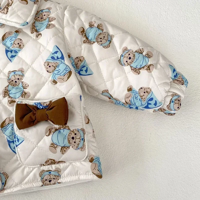 Winter Baby Girl Down Coat 0-3Years Newborn Kids Long Sleeve Cartoon Bear Bow Fleece Cardigan Thicken Warm Outwear Clothes