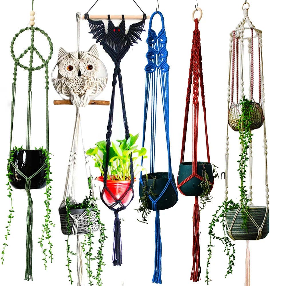 4 Pack Boho Macramé Plant Hangers with Hooks Hanging Plant Holder main image 1