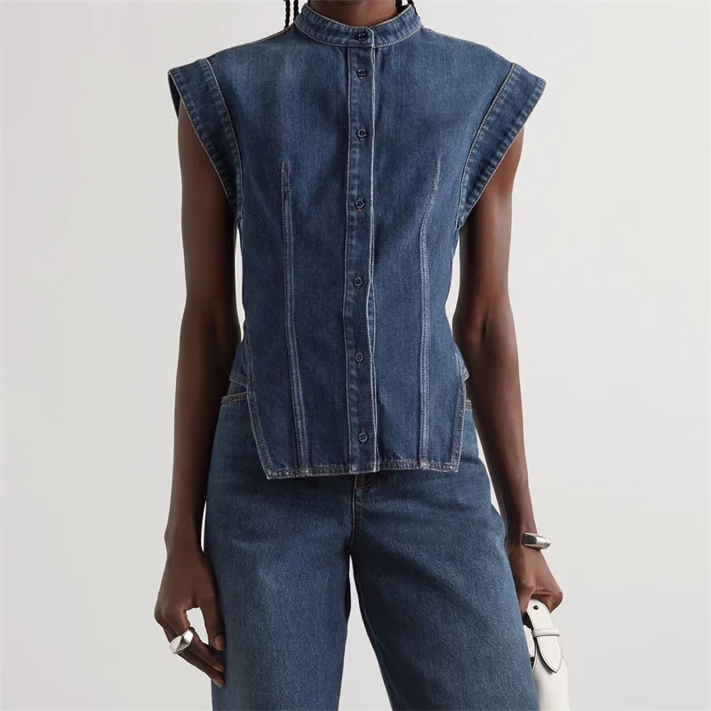 

Женские рубашки, Новинка лета 2024, топ без рукавов в стиле ретро, джинсовая рубашка из чистого хлопка, женская блузка высокого качества, майка, модный жилет