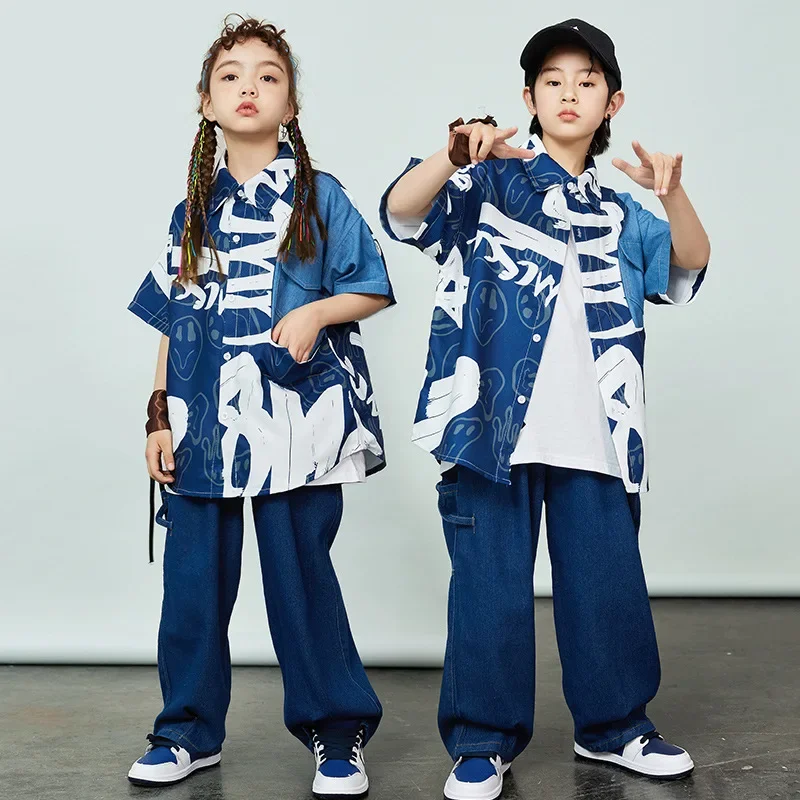 

Kids Boys Girls Loose Denim Short Sleeve Shirts Jeans Sets Streetwear Hip Hop Shirts Pant Children Dance Performance Clothing