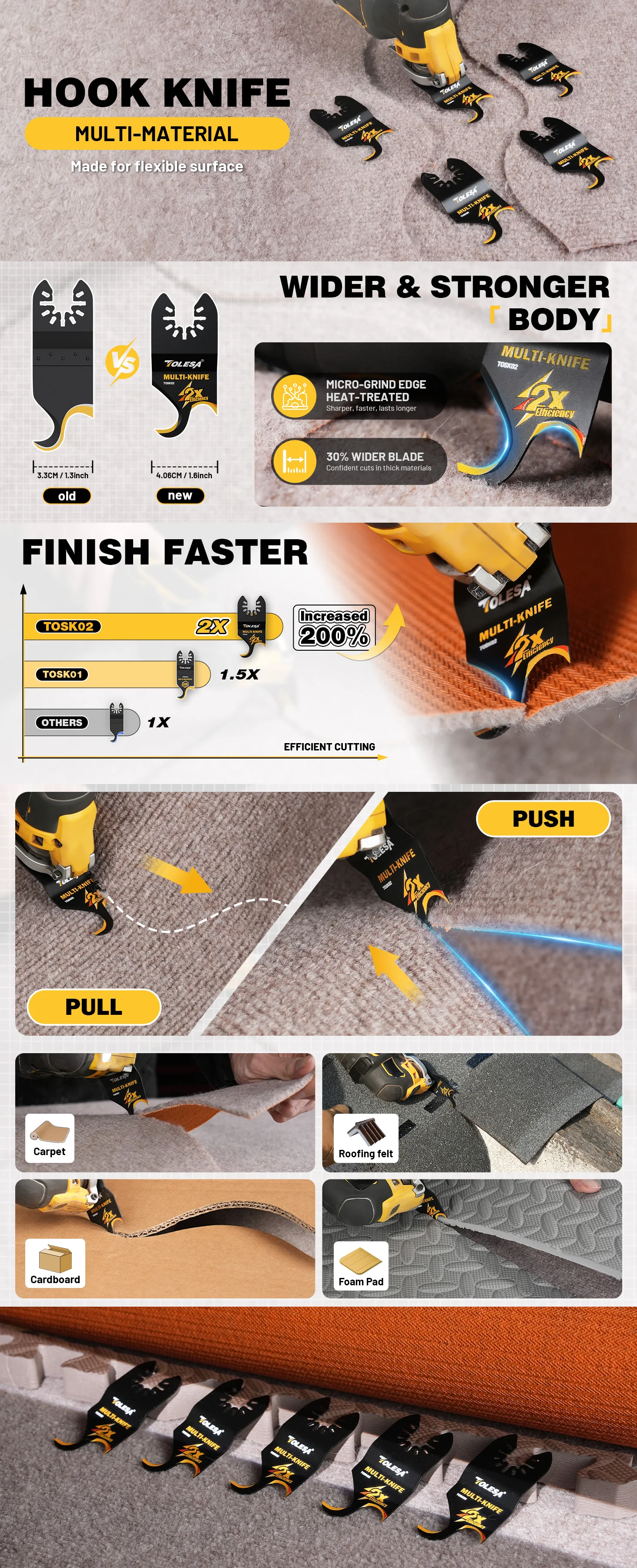 TOLESA Oszillierende Multitool-Hakenmesser-Klinge, 5 Stück Multitool-Sägeblätter zum Schneiden weicher Materialien, Dachschindeln, PVC-Teppich – Detail 1