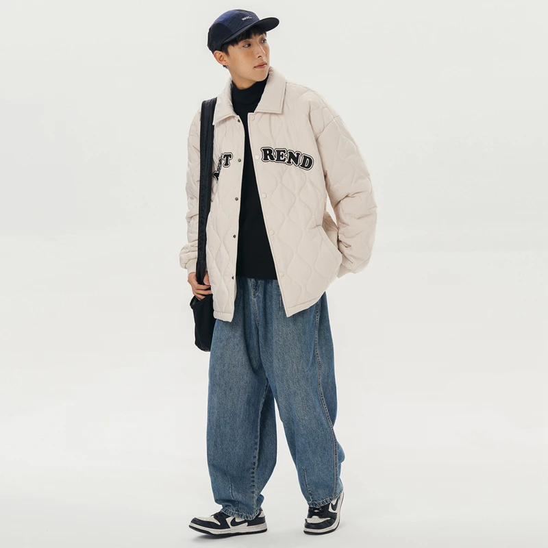 Street Style Men Winter Baseball Clothes Letter Embroidered Lapel Jacket  Fashion Parkas Cotton-Padded Jacket Unisex Thick Warm