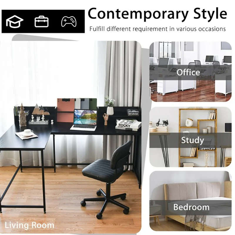 Description Picture 5 of item5.5 Inch L-shaped Corner Design Computer Desk  Durable Engineered Board Bookshelf Reinforce Steel Frame Modern Office Desks