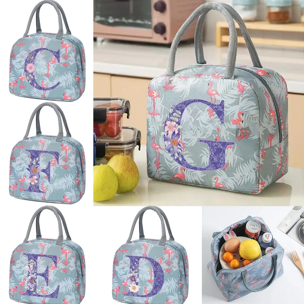 Cartoon Animal Insulated Lunch Bag Kids Flamingo Tote Bag Organizer Outdoor Picnic Purple Flower Series Printing