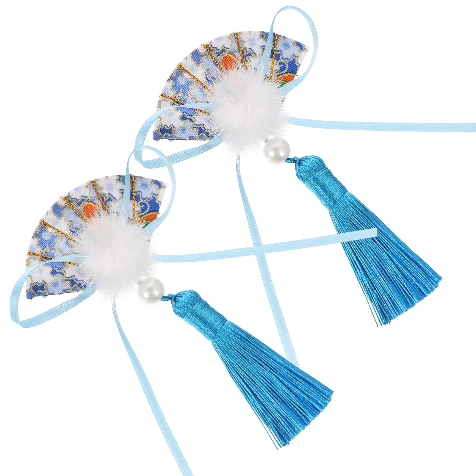 1쌍 팬 모양 태슬 헤어핀 새해 천 헤어핀 어린이 머리 장식 축제 파티 새해 머리 장식 헤어밴드 장식