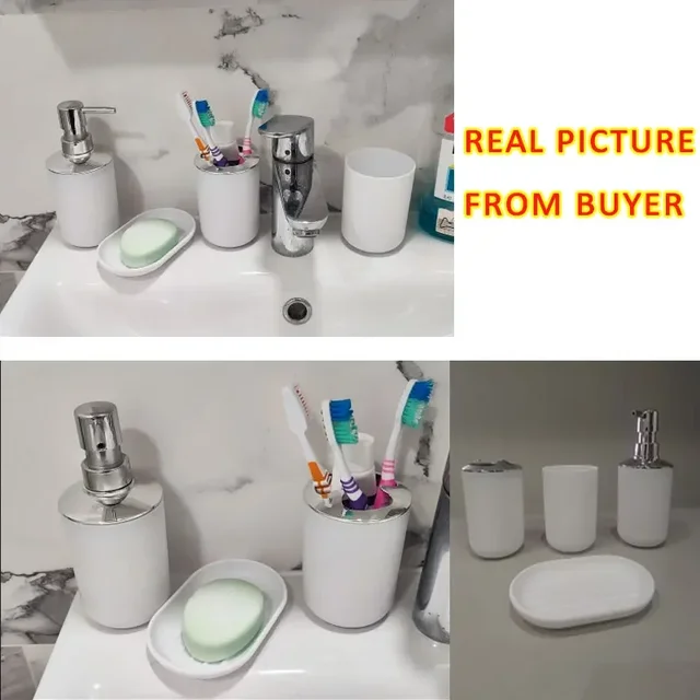Juego De Lavabo Para Baño De 4 Piezas En Cerámica Porta Jabón Líquido Porta Cepillo De Dientes Bandeja De Accesorios Y Objetos