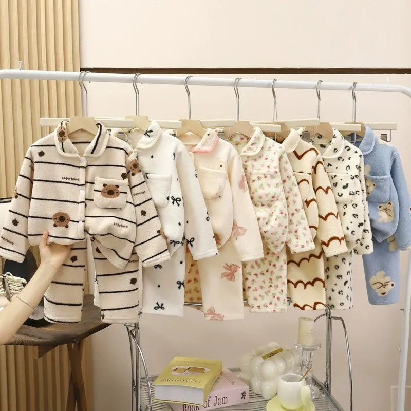 Winter Thicken Children's Sleep Wear Set Warm Home Clothes Flannel Pajamas for Boys And Girls 1-10Y