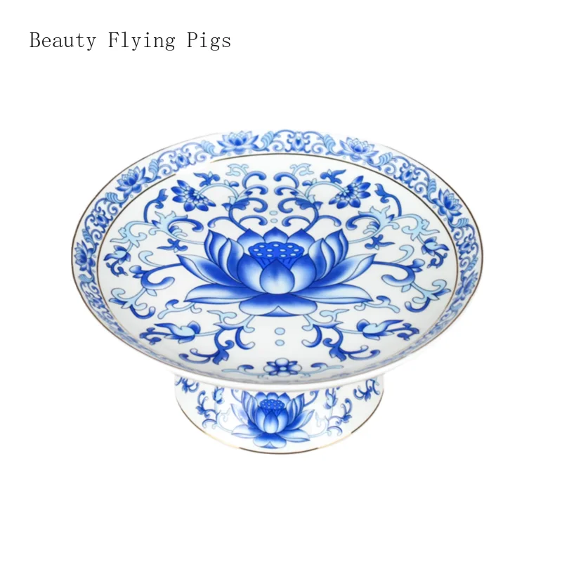 

1PCS ceramic lotus supply plate household Buddha supply blue and white porcelain fruit plate Buddha utensils and ornaments