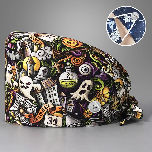 New Fashion Cotton Skull Cartoon Print Hat Adjustable Work Cap Beauty Salon Nursing Cap Male Surgical Hat Wholesale Scrub Caps 22210