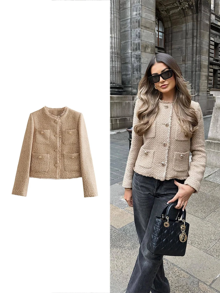TrendAura Beige Loose Cotton Jacket For Women With Zip Front Drawstring Lantern Sleeves Casual Wear main image 1
