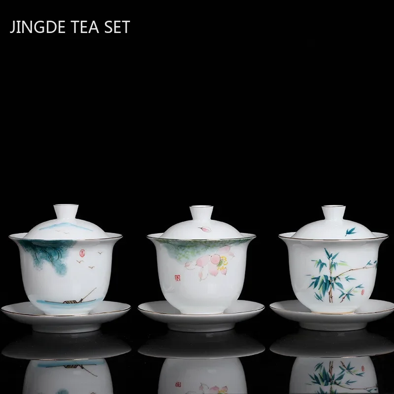 High Quality White Porcelain Gaiwan Portable Ceramic Tea Set Chinese Hand Painted Tea Bowl Tea Ceremony Accessories 170ml