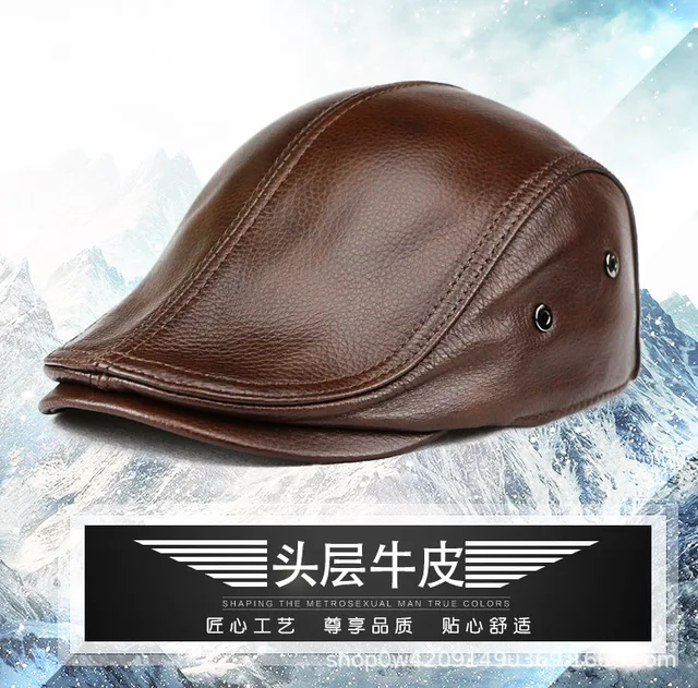 Retro Brown Cowhide Genuine Leather Men's Beret Hat Warm Spring Winter Cap Real Leather Painter Boina Octagona Style 2