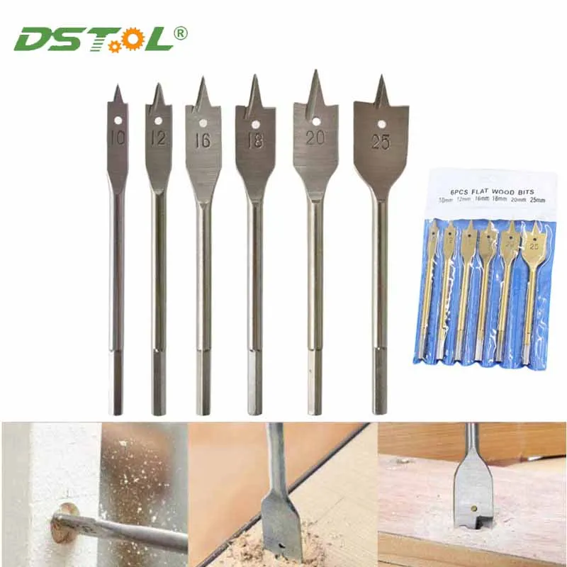 6Pcs/Set Three Point Woodworking Flat Drill 10-25mm Woodworking Hole Opener Hexagonal Handle Titanium Plated Wood Drilling Bit 6pcs set 10 25mm woodworking three point flat bit drill titanium plated hexagonal shank drill bit woodworking opening tool