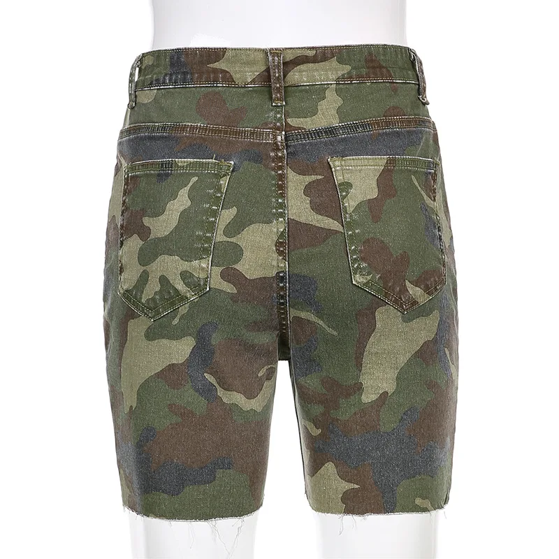  Summer Retro Shorts Knee Length Streetwear Women Military Camouflage Denim Jeans New Ladies Skinny Hip Hop Bottom Clothes