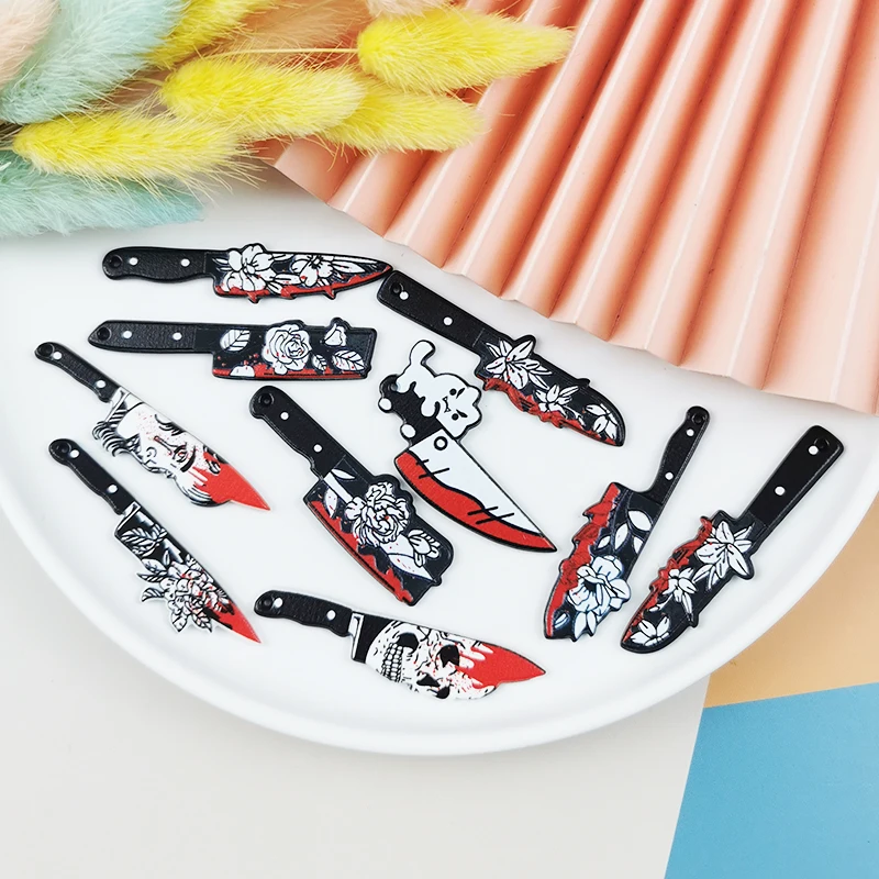 

10pcs Double-Sided Gothic Black Flower Dagger Acrylic Charms Hallowmas Knife Earring Keychain Pendant Diy Cool Jewelry Make