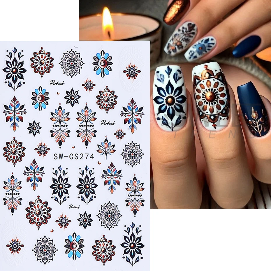 3pcs Bohemian Nail Sticker 3D Bronzing Heart Dreamcatcher Retro Embroidery Petals Design Nail Decals DIY Manicure Slider Decor ﻿