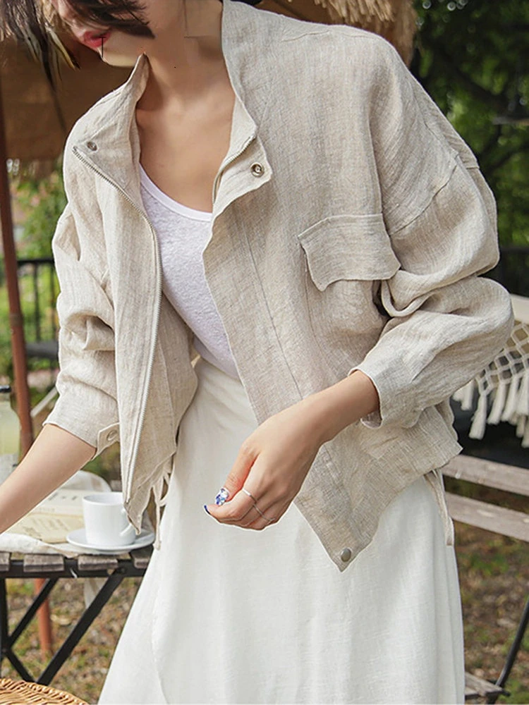 Linen Cotton Blouse Coat Elegant Korean Linen Jacket Women Vintage
