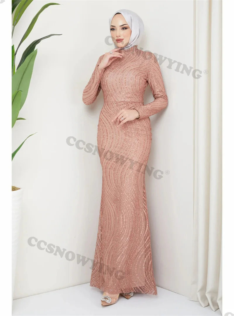 

Tightting Sparkly Sequin Muslim Evening Dresses Long Sleeve Islamic Formal Party Gowns High Neck Women Arabic Robes De Soirée