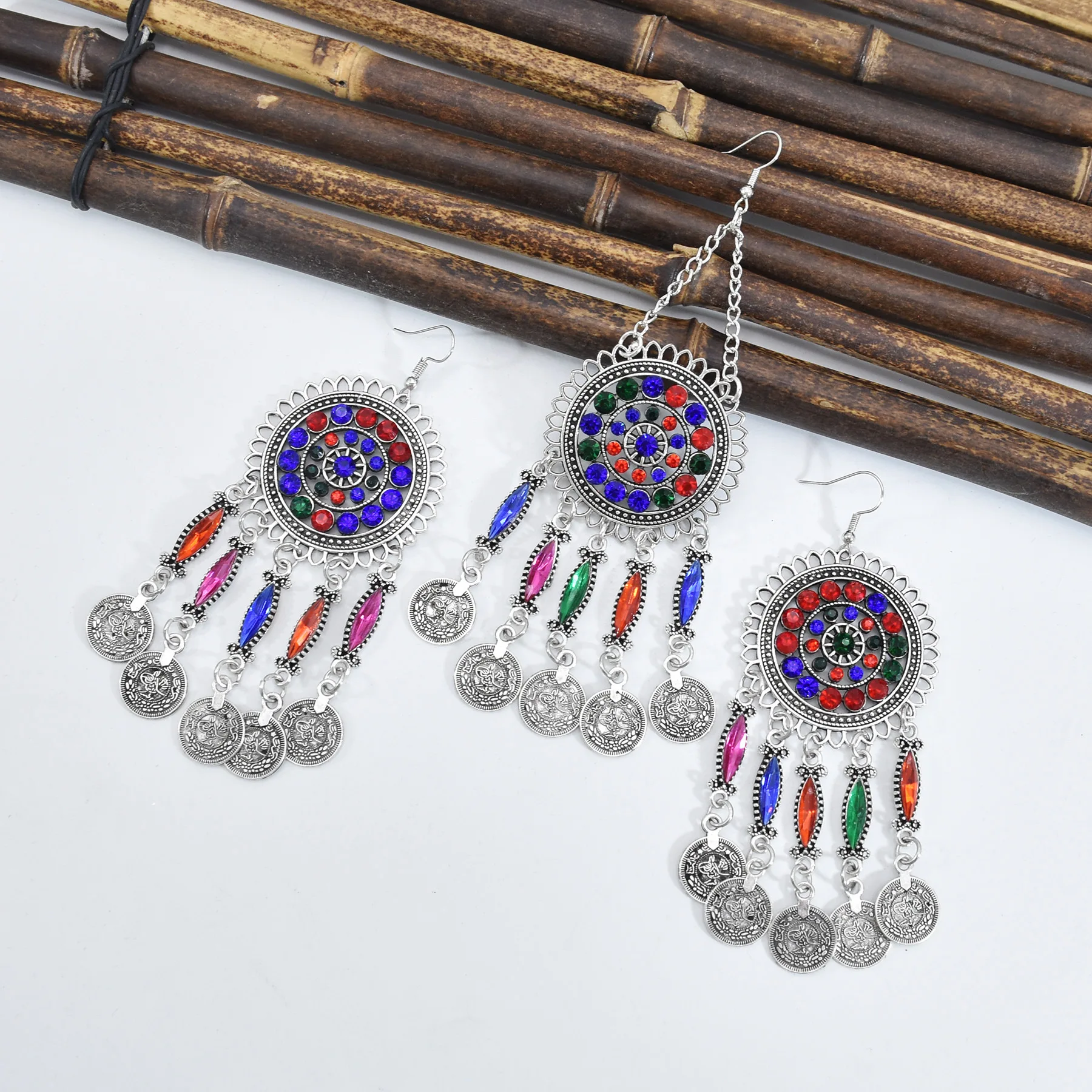 Colorful Crystal Bead Coin Ethnic Choker Necklace Drop Earrings Set For Women Retro Gypsy Afghan Traditional Dress Jewelry Sets