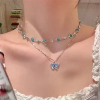 Romantic Blue Crystal Butterfly Necklace for Women Girls Simple Shiny Zircon Bilayer Choker Clavicle Chain New Fine Jewelry Gift 1