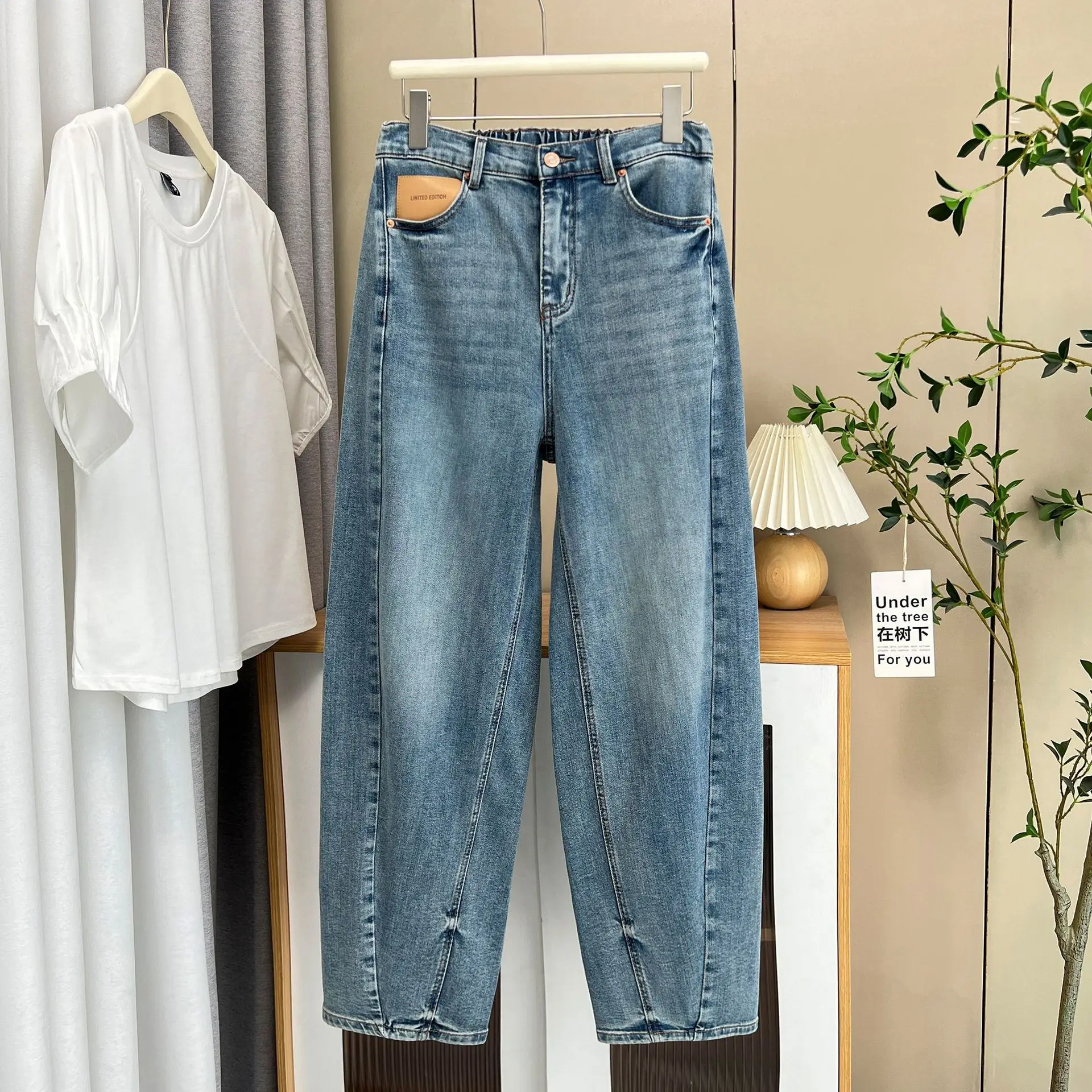 2025 Spring Autumn Boyfriend Jeans New 100kg Premium Design Curved Plus Size Women Denim Harem Long Pants 107