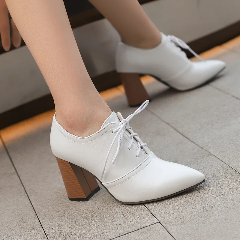 

Black White Yellow Red Lace Up High Heels Women Pumps Spring Autumn Concise Pointy Toe Cross-tied Ladies Dress Ankle Shoes 49 50