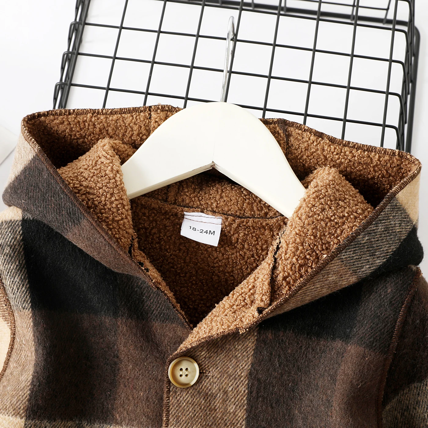 PatPat Toddler Boy Classic Plaid Fleece Lined Button Design Hooded Overcoat