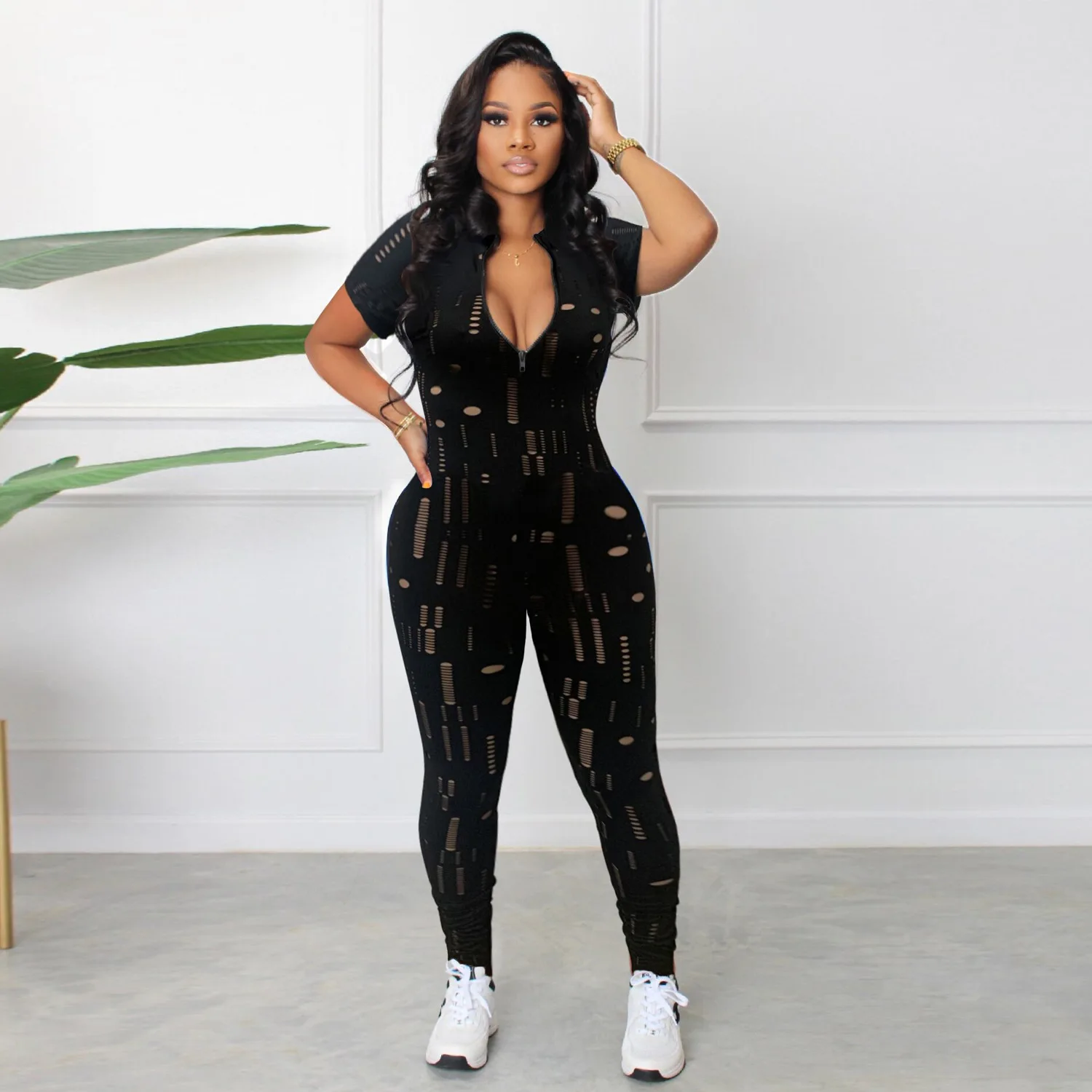 

AOSKM2023 New Spring And Summer K9085 European And N Jacquard Hollow Short-Sleeved Nightclub Ladies One-Piece Pants