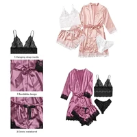 Women's Summer Sexy Pajama Pants Set 4 Pieces Lace Satin With Silk Sleepwear Robe Fashion And Comfortable Nightwear - Image 5