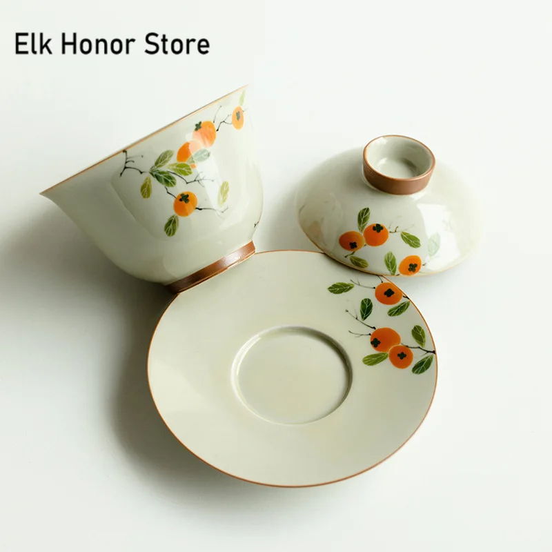 150ml Pure-painted Persimmon Ceramic Sancai Covered Bowl Retro Not Hot Tea Bowl with Lid Tea Maker Gaiwan Kung Fu Teaware Gifts