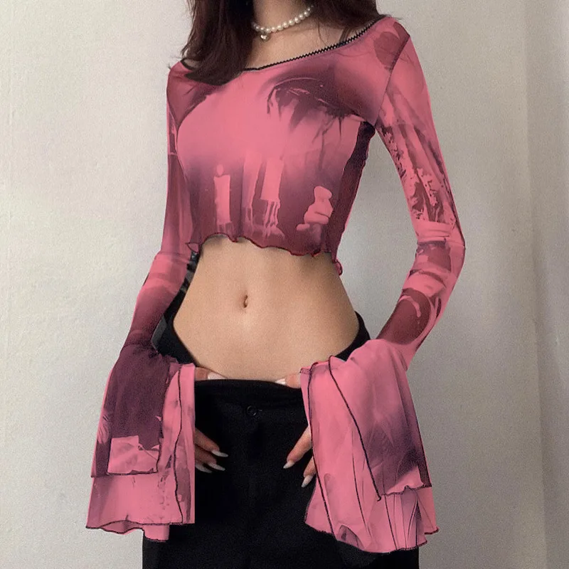 

Summer New Print Round Neck Pullover Flare Long Sleeve Open Umbilical Casual Women's Top Shirts for Women Aesthetic Clothes