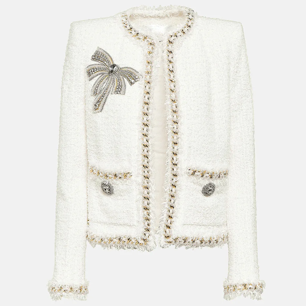 

Luxury Designer Inspired Women Embellished Tweed Jacket In White High Qaulity 2024 Spring