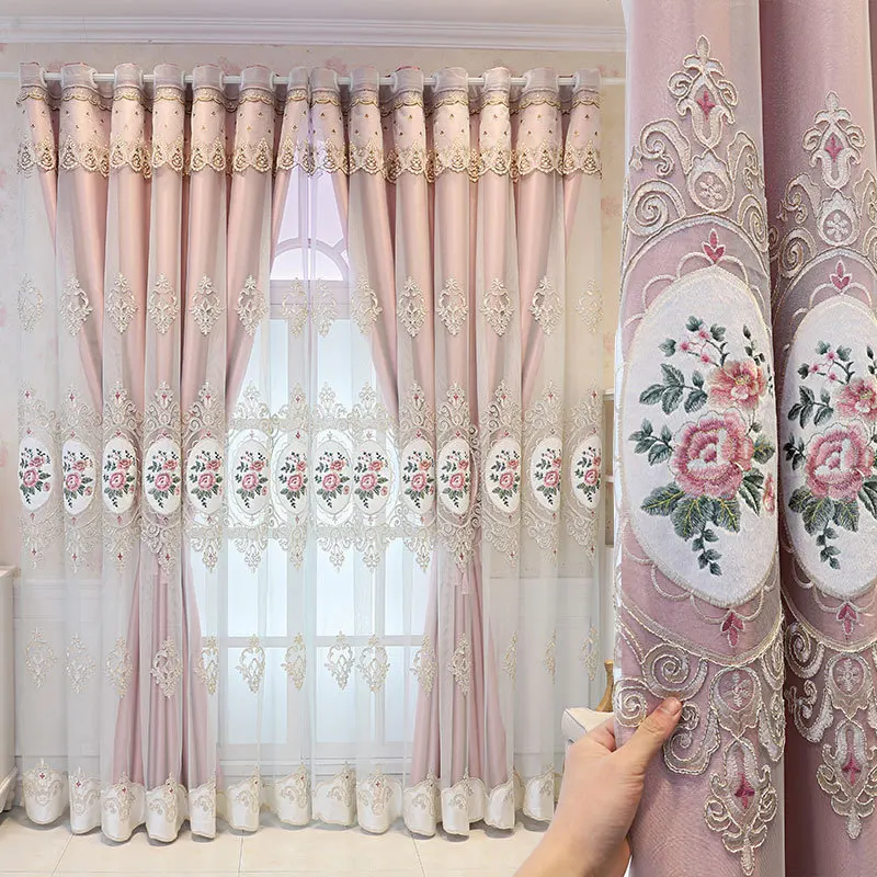 2025 New European Cloth Curtain+Voile Curtains Double Layered Window Curtain Embroidered Pink Flowers Blackout Drapes Home Decor 3