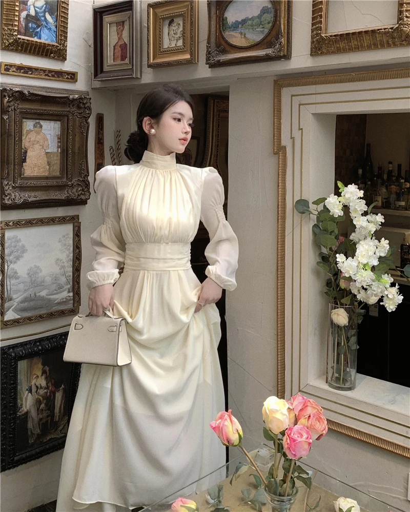 2025 Spring Turtleneck White Midi Dress Women Long Sleeve
