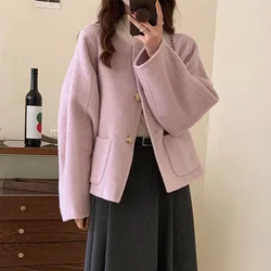 Korean Loose Woolen Jacket for Women O Neck Single-Breasted Long Sleeve Outwear Autumn Winter Warm Double-sided Tweed Coat