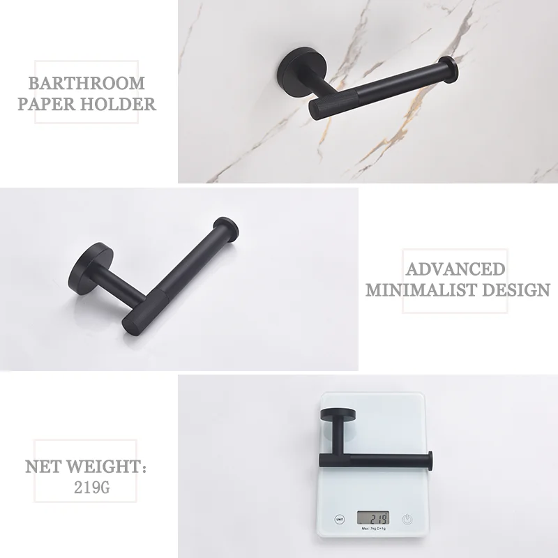 Matt Black Wall Mounted Towel Bar Toilet Paper Holder Robe Towel Hooks Brass Knurling Bathroom Accessories Kit