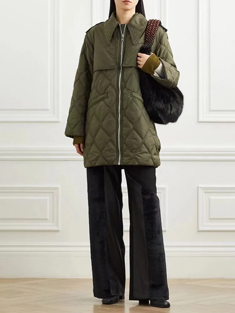 

Клетчатая стеганая Женская парка, пальто на молнии, 2 цвета, с острым воротником и длинным рукавом, Осень-зима 2023, женские свободные куртки