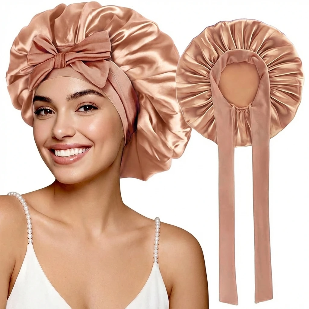 Gorro de dormir de satén para mujer, cómodo, transpirable, suave, para cabello rizado, elástico, con borde ancho, gorro de noche.