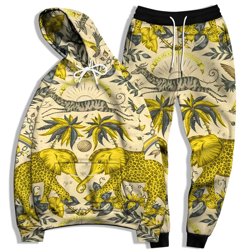 Men's Casual 3D Printed Hoodie Pant Sets Street Sweatshirts