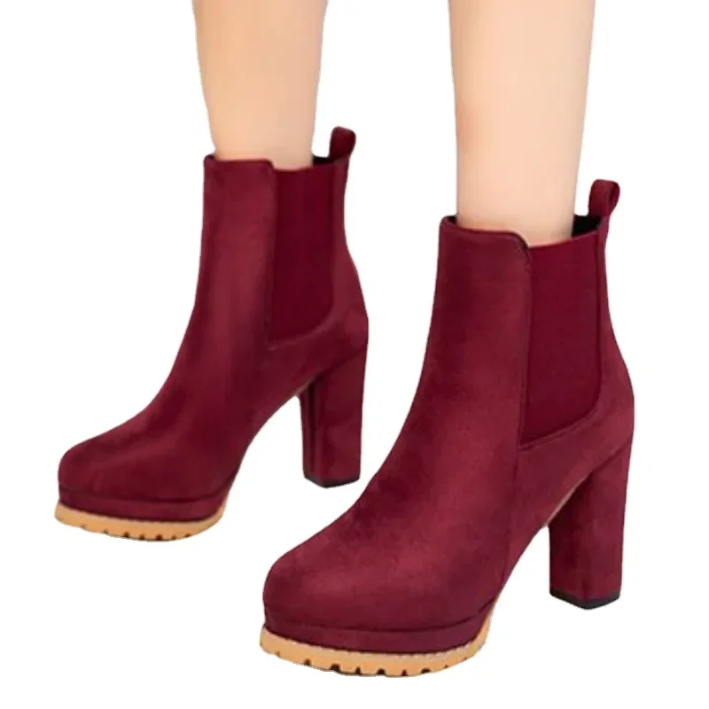 Autumn Women's Paltform Shoes Plus Size Chunky Heel Ankle Boots for Women Fashion Flock Heeled Shoes Slip on Ladies Short Boots